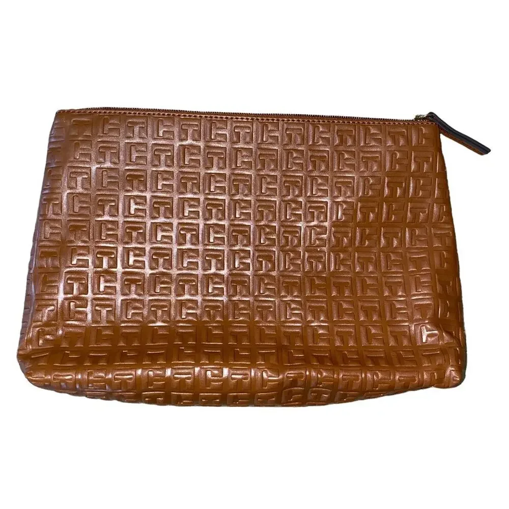 Tommy Hilfiger Faux Leather TH Embossed Brown Gold Accent Zipped Pouch Bag 13